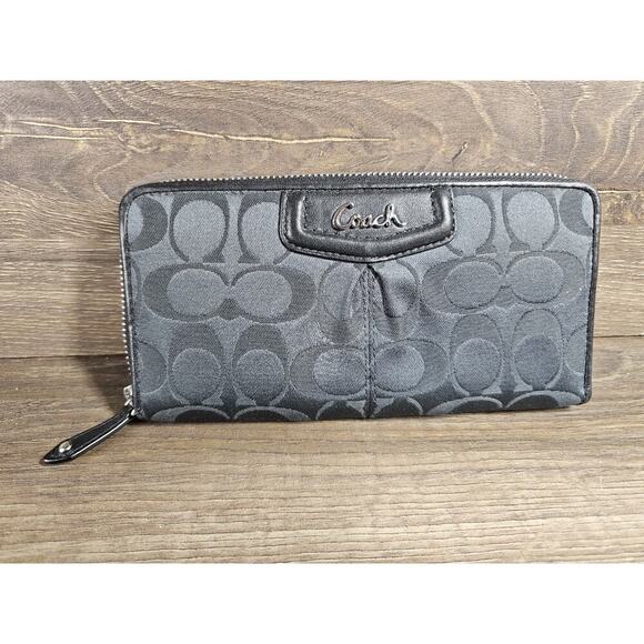Coach Ashley Signature Black Canvas Clutch Leather Zip Around 8" X 4" X 1" - Picture 1 of 5